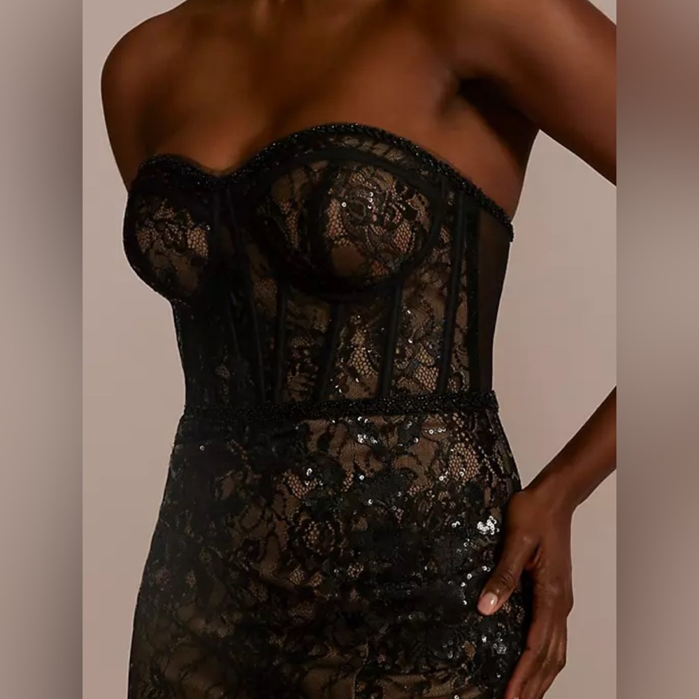 Galina Signature Black Formal Sequin Lace Mesh Strapless Corset Gown (Size 2) - Picture 14 of 16